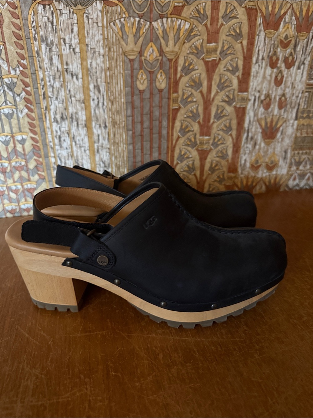 UGG Black Leather Slingback Clogs with Wooden Block Heel